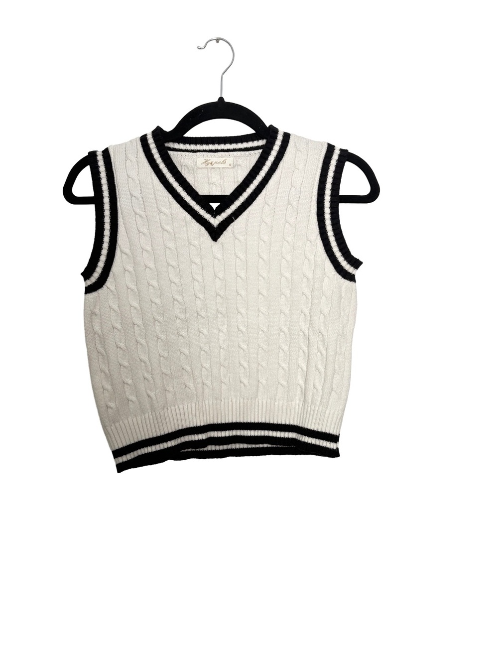 Classic Cable Knit Sleeveless Vneck Sweater Vest - White with Black Trim
